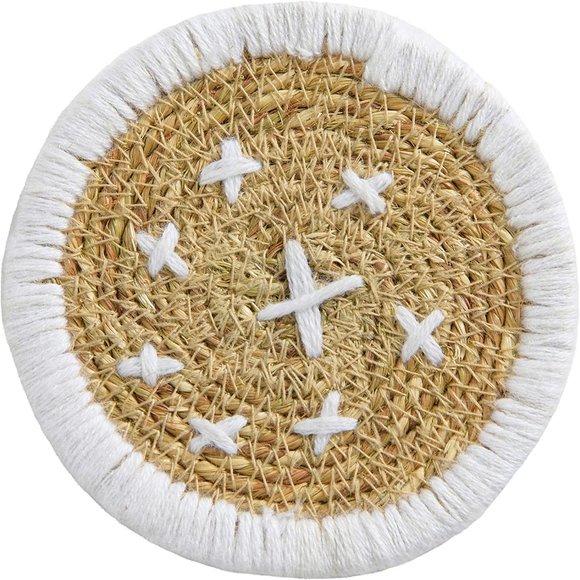 Bloomingville Round Hand-Embroidered Bohemian Seagrass, White Woven Coasters - Picture 4 of 7